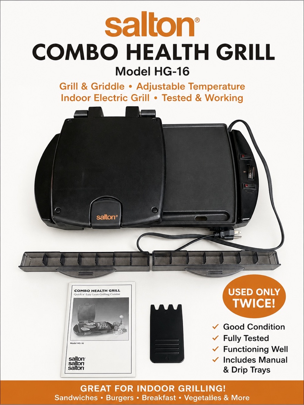 Salton Combo Health Grill & Griddle HG-16 Indoor Electric Grill Tested & Working
